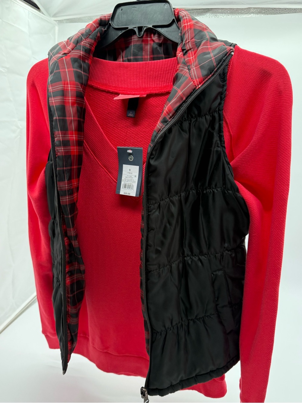 Women’s Small Red V-Neck Sweater & Reversible Black Plaid Puffer Vest Bundle